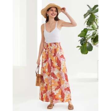 Women’s Summer Boho Floral Wide Leg Pant Elastic High Waist Loose Casual Beach Flowy Palazzo Pants...