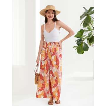 Women’s Summer Boho Floral Wide Leg Pant Elastic High Waist Loose Casual Beach Flowy Palazzo Pants with Pocket