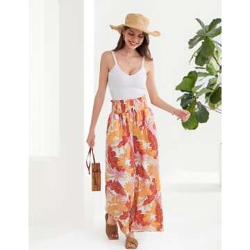 Women’s Summer Boho Floral Wide Leg Pant Elastic High Waist Loose Casual Beach Flowy Palazzo Pants with Pocket