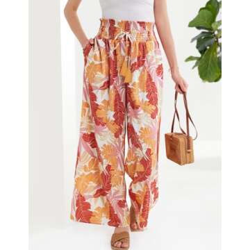 Women’s Summer Boho Floral Wide Leg Pant Elastic High Waist Loose Casual Beach Flowy Palazzo Pants with Pocket
