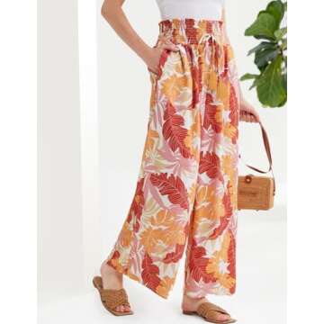 Women’s Summer Boho Floral Wide Leg Pant Elastic High Waist Loose Casual Beach Flowy Palazzo Pants with Pocket