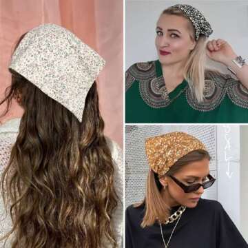 HAIMEIKANG Floral Hair Scarf Headbands for Women Boho Bandanas for Women Triangle Kerchief Solid Color Hair Bands Vintage Head Scarf (Beige+Yellow+Black)