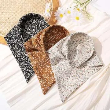 HAIMEIKANG Floral Hair Scarf Headbands for Women Boho Bandanas for Women Triangle Kerchief Solid Color Hair Bands Vintage Head Scarf (Beige+Yellow+Black)