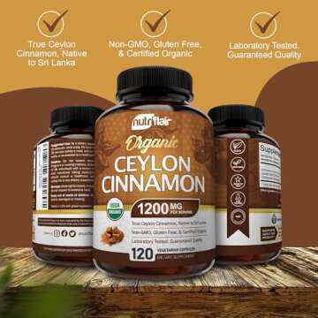 NutriFlair Organic Ceylon Cinnamon Supplement 1200mg, 120 Capsules - USDA Certified Organic Cinnamon - Non-GMO, Gluten Free Cinnamon Powder, Antioxidant Cinnamon Pills
