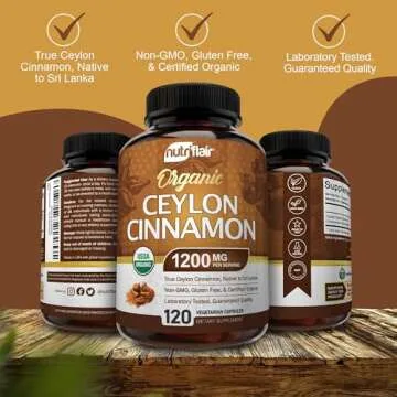 NutriFlair Organic Ceylon Cinnamon Supplement 1200mg, 120 Capsules - USDA Certified Organic Cinnamon - Non-GMO, Gluten Free Cinnamon Powder, Antioxidant Cinnamon Pills