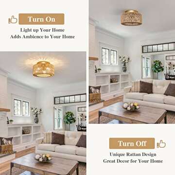 Rattan Light Fixtures Ceiling Mount, 3-Lights Boho Flush Mount Ceiling Light, Hand-Woven Cage Shade ...