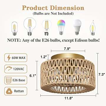 Rattan Light Fixtures Ceiling Mount, 3-Lights Boho Flush Mount Ceiling Light, Hand-Woven Cage Shade Lamp Lighting, Rustic Rattan Chandelier for Hallway Bedroom Kitchen Farmhouse Foyer Entryway (Gold)
