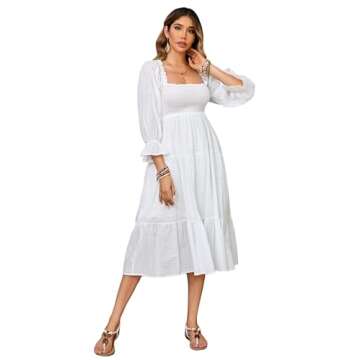 R.Vivimos Women's Summer Cotton Polka Dots Puff Sleeves Bow Casual Off-Shoulder Boho Midi Dress (Sma...