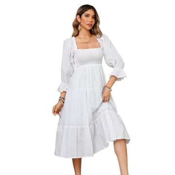 R.Vivimos Women's Summer Cotton Polka Dots Puff Sleeves Bow Casual Off-Shoulder Boho Midi Dress (Small,White)