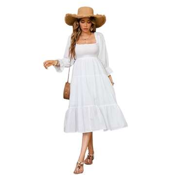 R.Vivimos Women's Summer Cotton Polka Dots Puff Sleeves Bow Casual Off-Shoulder Boho Midi Dress (Small,White)