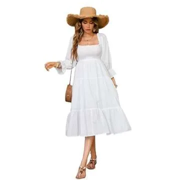 R.Vivimos Women's Summer Cotton Polka Dots Puff Sleeves Bow Casual Off-Shoulder Boho Midi Dress (Small,White)
