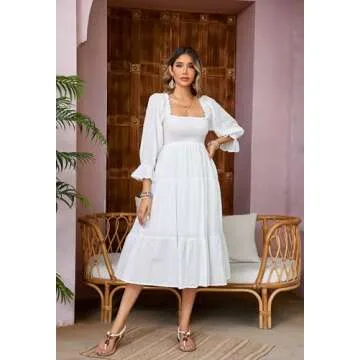 R.Vivimos Women's Summer Cotton Polka Dots Puff Sleeves Bow Casual Off-Shoulder Boho Midi Dress (Small,White)