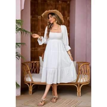 R.Vivimos Women's Summer Cotton Polka Dots Puff Sleeves Bow Casual Off-Shoulder Boho Midi Dress (Small,White)