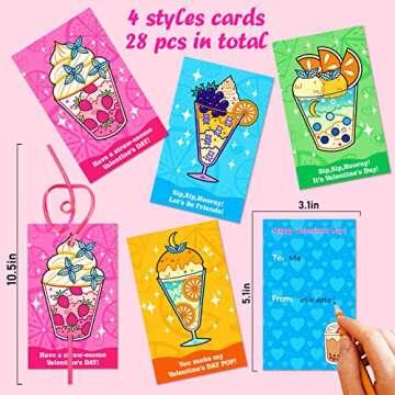 28PCS Crazy Straws Valentines Day Cards for Kids, Reusable Drinking Straws Lovely Loop Valentines Da...