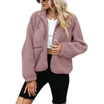 Yanekop Womens Fleece Jacket Fuzzy Long Sleeve Short Coats Button Down Sherpa Outerwear with Pockets(A Dusty Pink,S)