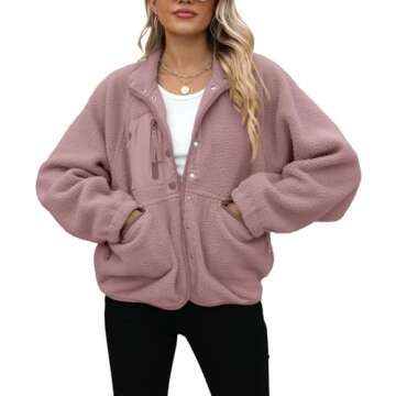 Yanekop Womens Fleece Jacket Fuzzy Long Sleeve Short Coats Button Down Sherpa Outerwear with Pockets(A Dusty Pink,S)