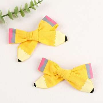 Bow Hair Clips Back to School Hair Bows for Girls Cute Yellow Pencil Clips Hair Bow Barrette Ribbon Snap Hairpin Handmade Graduation Season Decor Hair Accessories for Students Hair Accessories 2Pcs