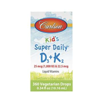 Carlson - Kid's Super Daily D3+K2, 25 mcg (1,000 IU) D3 & 22.5 mcg K2, Vitamin D Drops with Vitamin K2, Liquid Vitamins, 1000 IU Vitamin D3, Heart & Bone Health, 1-Year Supply, Unflavored, 360 Drops