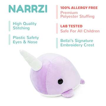 Bellzi Purple Narwhal Plush Toy - Cute and Soft Stuffed Animal