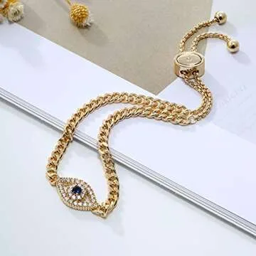 Apsvo Gold Plated Anti Evil Eye Bracelets for Women Adjustable Blue Cubic Zirconia Dainty Third Eye Trendy Jewelry Pulseras de Mal de Ojo Turco Para Mujeres