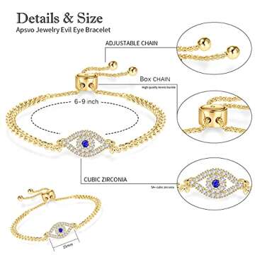 Apsvo Gold Plated Anti Evil Eye Bracelets for Women Adjustable Blue Cubic Zirconia Dainty Third Eye Trendy Jewelry Pulseras de Mal de Ojo Turco Para Mujeres
