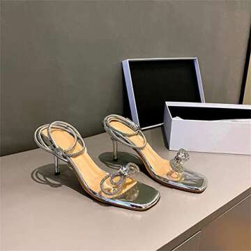 MissHeel Open Toe Rhinestone Bowknot Heels Silver Clear Heeled Sandals Glitter Ankle Strap Sparkle B...