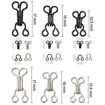 50 Set Sewing Hooks and Eyes Closure for Bra and Clothing, 3 Sizes (Silver and Black)