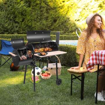Outvita BBQ Charcoal Grill, Outdoor Patio Barbecue Cooker with Offset Smoker, Wheels and Tray for Balcony Picnics, Party and Camping
