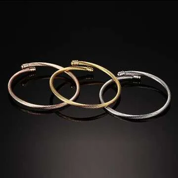 HUANIAN Stainless Steel Triple 3 Stackable Cable Wire Twisted Cuff Bangle Bracelet for Women, Gold/rose/silver