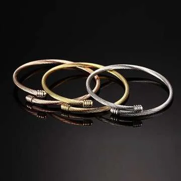 HUANIAN Stainless Steel Triple 3 Stackable Cable Wire Twisted Cuff Bangle Bracelet for Women, Gold/rose/silver