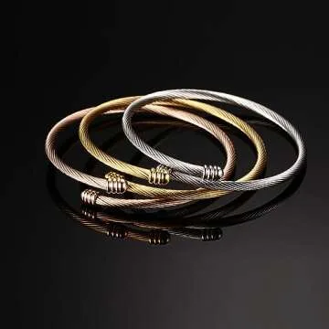 HUANIAN Stainless Steel Triple 3 Stackable Cable Wire Twisted Cuff Bangle Bracelet for Women, Gold/rose/silver
