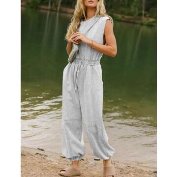 Kissonic Women Casual Jumpsuit Summer Sleeveless Drawstring Romper Cute One Piece Outfits Workout Lounge Jumpsuits with Pockets(LightGrey-M)