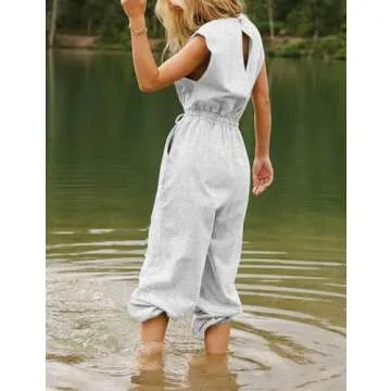 Kissonic Women Casual Jumpsuit Summer Sleeveless Drawstring Romper Cute One Piece Outfits Workout Lounge Jumpsuits with Pockets(LightGrey-M)