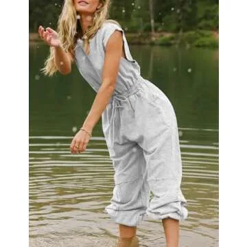 Kissonic Women Casual Jumpsuit Summer Sleeveless Drawstring Romper Cute One Piece Outfits Workout Lounge Jumpsuits with Pockets(LightGrey-M)