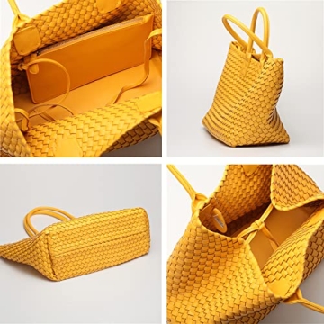 kemozaka Fashion Woven Vegan Leather Shopper Bag Bucket Bag Travel Handbags and Purses Women Tote Bag Large Capacity Shoulder Bags (Yellow)