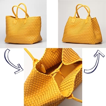 kemozaka Fashion Woven Vegan Leather Shopper Bag Bucket Bag Travel Handbags and Purses Women Tote Bag Large Capacity Shoulder Bags (Yellow)