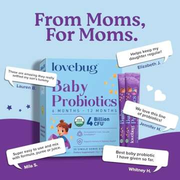 Lovebug Award Winning USDA Organic Probiotic for Babies | Multi-Strain 4 Billion CFU | Easy-to-Take Powder | Sugar Free | Ages 6-12 Months | 30 Packets