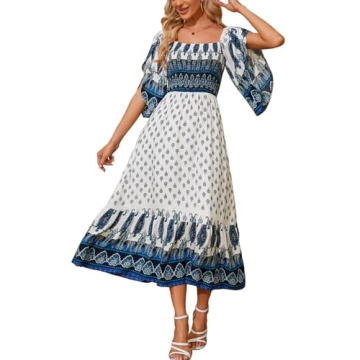 CAVOZEDA Women's Long Maxi Dress Sexy Off Shoulder Floral Dress Ruffle Short Sleeve Smocked Flowy A Line Boho Dress White