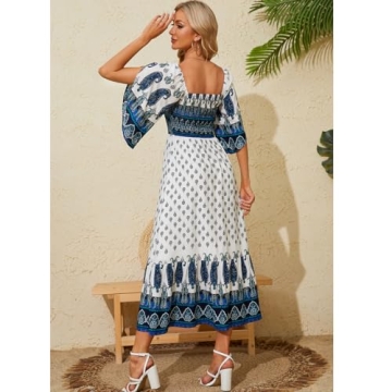 CAVOZEDA Women's Long Maxi Dress Sexy Off Shoulder Floral Dress Ruffle Short Sleeve Smocked Flowy A Line Boho Dress White