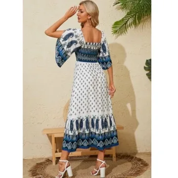 CAVOZEDA Women's Long Maxi Dress Sexy Off Shoulder Floral Dress Ruffle Short Sleeve Smocked Flowy A Line Boho Dress White