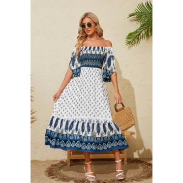 CAVOZEDA Women's Long Maxi Dress Sexy Off Shoulder Floral Dress Ruffle Short Sleeve Smocked Flowy A Line Boho Dress White