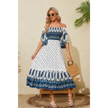 CAVOZEDA Women's Long Maxi Dress Sexy Off Shoulder Floral Dress Ruffle Short Sleeve Smocked Flowy A Line Boho Dress White