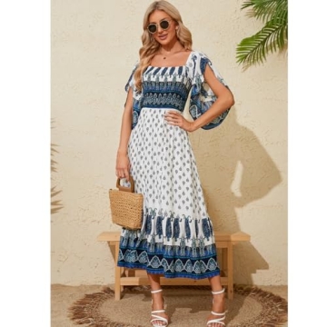 CAVOZEDA Women's Long Maxi Dress Sexy Off Shoulder Floral Dress Ruffle Short Sleeve Smocked Flowy A Line Boho Dress White