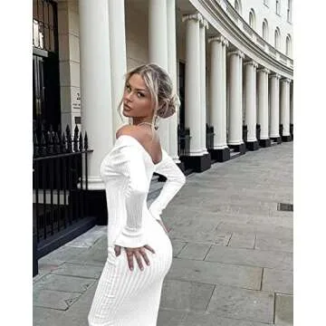 BEAGIMEG Women's Sexy Off Shoulder Knit Long Dress White
