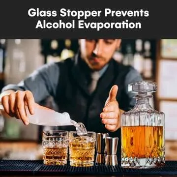 Flybold Whiskey Decanter with Glass Stopper - Vintage Bourbon Decanter for Wine | Vodka | Brandy - Alcohol Glass Decanter Gift for men - Decorative Booze Container Bottle with Lid dishwasher safe