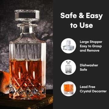 Flybold Whiskey Decanter with Glass Stopper - Vintage Bourbon Decanter for Wine | Vodka | Brandy - Alcohol Glass Decanter Gift for men - Decorative Booze Container Bottle with Lid dishwasher safe