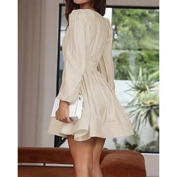 FAIABLE Mini Dress Deep V Sexy Long Sleeve A-line Dress