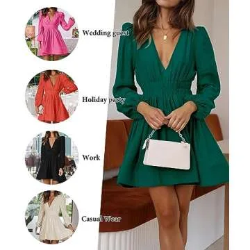 FAIABLE Mini Dress Deep V Sexy Long Sleeve A-line Dress