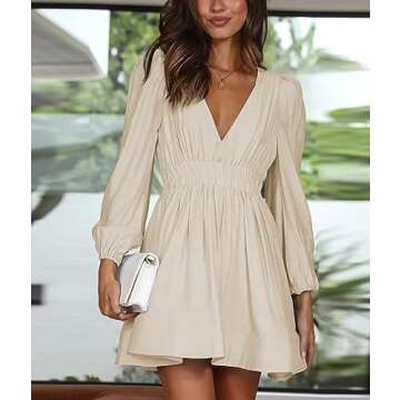 FAIABLE Mini Dress Deep V Sexy Long Sleeve A-line Dress