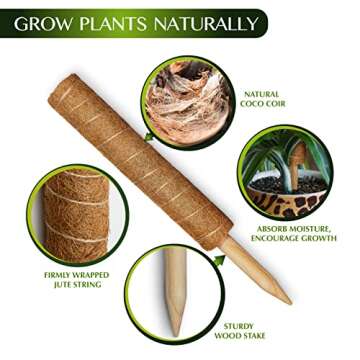 Voorjaar Moss Poles for Climbing Plants Monstera, 27 Inches 2 Pcs Indoor Plant Stakes to Support Upward Growth - Extendable 16" Coco Coir Poles with 4 Jute Strings and 10 Plant Labels
